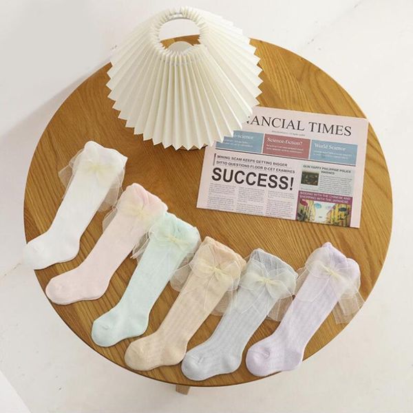 

wide bowknot knee high mesh socks for girls clothes summer soft breathable kids long princess party wedding, Pink;yellow