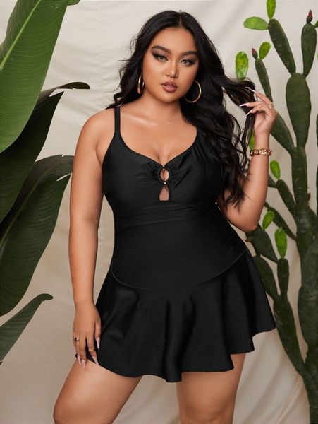 

plus plain ring linked high waisted bikini swimsuit j410#, Black