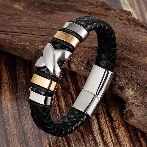 Pulseiras de charme Design perfeito design de dupla camada vintage aço fivela geométrica trança genuína pulseira de couro homem homem de moda de moda presente de aniversário