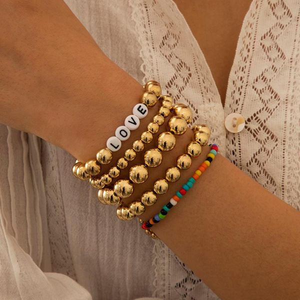 

link, chain ingemark fashion 5pcs/set gold color acrylic beads love letter bangles bracelets for women pulseras couple bracelet boho jewelry, Black