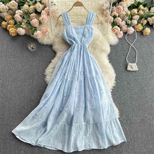 

summer women spaghetti strap hollow out long dress casual female high waist slim beach 210430, Black;gray