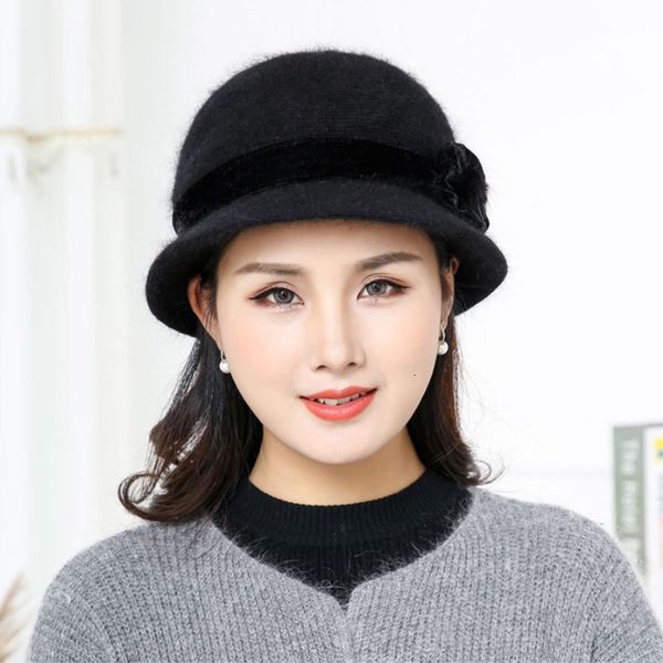 

wide brim hats sell winter women knitted floral skullies super soft wool mix rabbit fur hat warm beanies female baggy headwear cap, Blue;gray