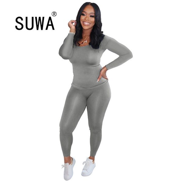 Wholesale esportes sólidos mulheres manga comprida tee tops lápis corredor calças terno ativo wear tracksuit dois pedaços conjunto de fitness 210525