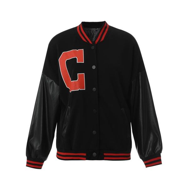 

women's jackets spring and autumn women loose baseball leather long sleeve letter print button down, Black;brown
