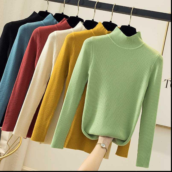

half turtleneck pullover knitted cotton womens sweater high elasticity slim autumn long sleeve winter, White;black