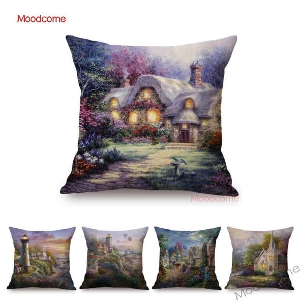 

cushion/decorative pillow home decorative oil painting beautiful scenery lighthouse countryside view wonderland sofa cushion cover pillowcas