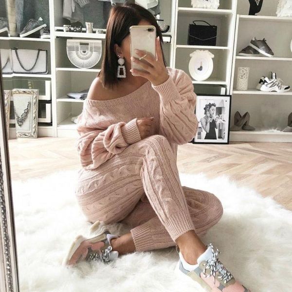 

spring women knitted set two piece sweater +pants slash neck 2 sweaters +knitted pants women's, White