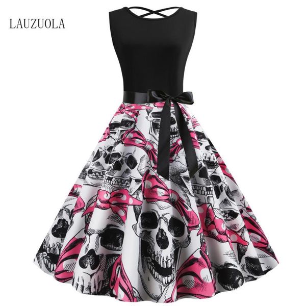 

skull print summer dresses women halloween sleeveless tank robe pinup vintage o-neck back criss-cross party gothic dress a line casual, Black;gray