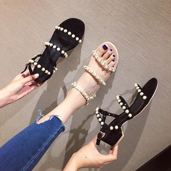 

sandals block heels comfort shoes for women beige heeled buckle strap chunky black 2021 fashion girls low velvet pearl flock cas