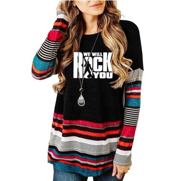 

women's t-shirt we will rock you women t shirt winter style queen band long sleeve striped crew neck sweater large top, White