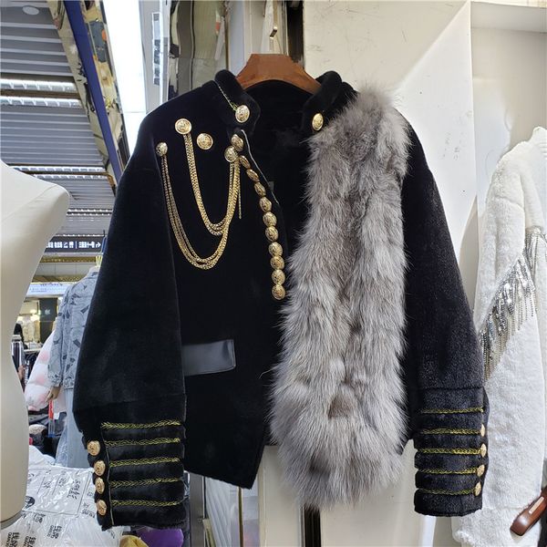 

jacket winter women vintage stand collar long sleeve fox hair splic gold chain button decoration thick warm slim double faced fur coat, Black;brown