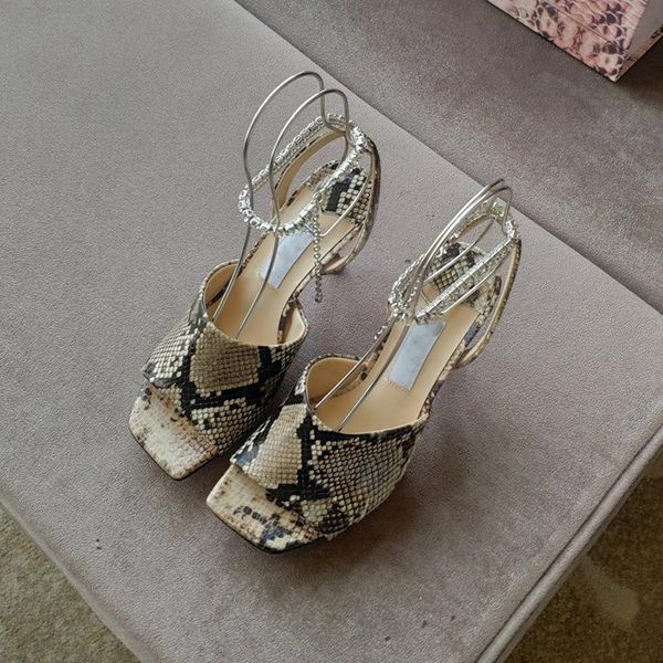 

sandals genuine leather fish mouth pointed toe shiny rhinestone stiletto heel for women ankle crystal chain high heels 2021, Black