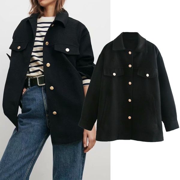 

women's down & parkas autumn black turn collar shirt coat solid color elegant jacket autumn long golden buttons bpvz