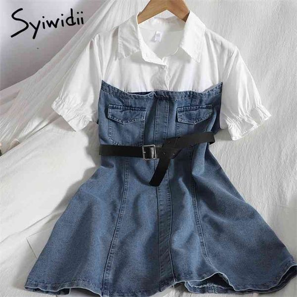 

fake 2 piece high waist denim dresses women puff sleeve single breasted turn-down collar a-line clothes summer 210607, Black;gray