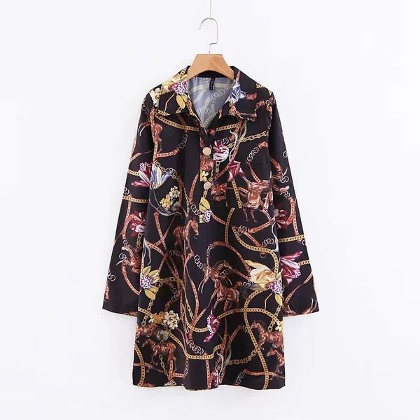 

women chain printing button decoration mini dress female turndown collar long sleeve clothes casual lady loose vestido d6922 dresses, Black;gray