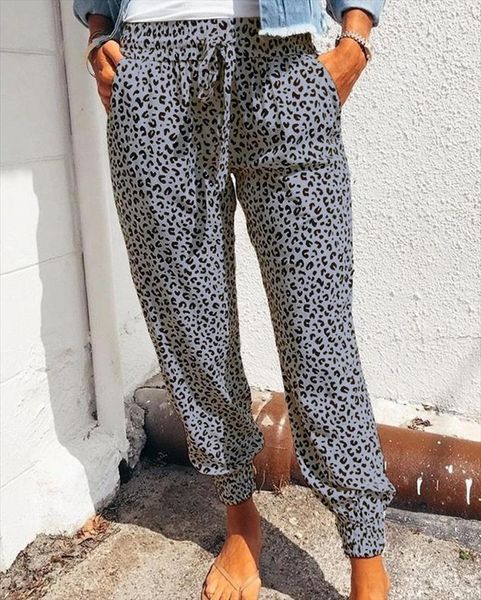 

summer plus size high waist women capris leopard print stretch drawstring elastic jogging womens casual pants wide leg sweatpants, Black;white