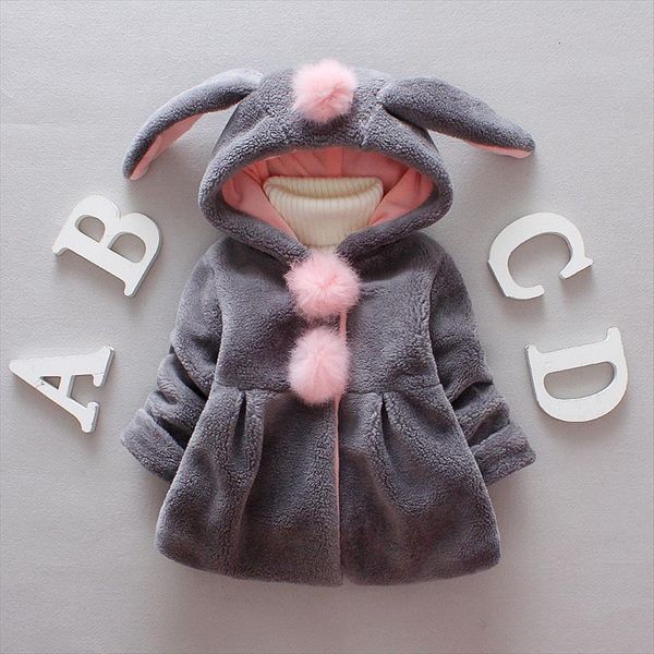 

1pc lovely baby girls jacket with rabbit ear cap, solid long sleeve button up coat, autumn winter warm outerwear 6m, Blue;gray