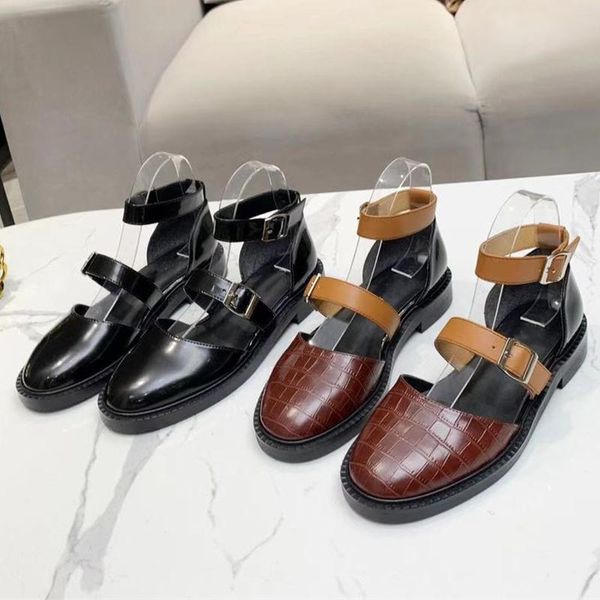 

sandals crocodile pattern women genuine leather buckle strap shoes for round toe mary janes design, Black