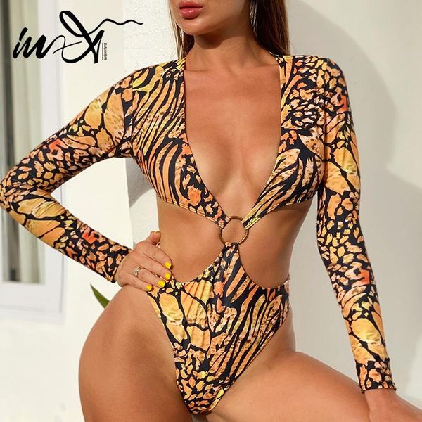 

in-x long sleeve swimsuit one piece print swimwear women monokini hollow out female ring bathing suit bathers one-piece suits
