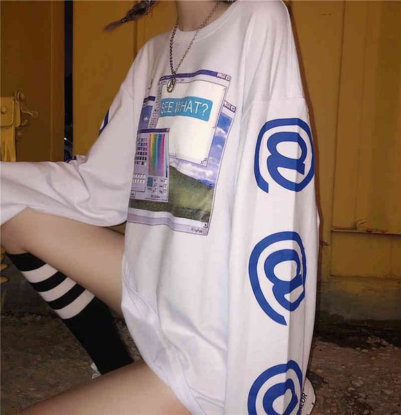 

women's t-shirt oversize t-shirt white print harajuku long sleeve tshirt plus size bf street tee femme o-neck summer egyy