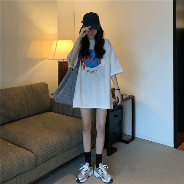 

summer loose print short-sleeved t shirt women's midi coat pure cotton, Black;gray