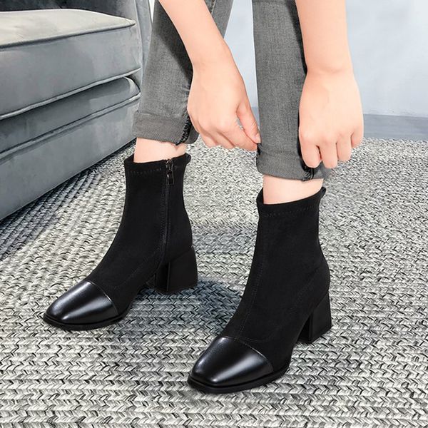 

Women Fashion Solid Black High Heels Ankle Boots Autumn 2021 Square Toe Side Zippers Short Botas Woman Suede Boots Mujer
