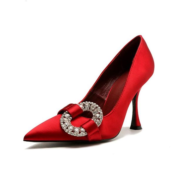 

the latest luxury satin high heel ladies rhinestone diamond buckle shallow mouth fashion shoes wedding dress, Black