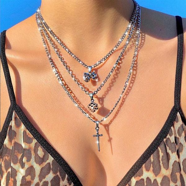 

pendant necklaces fashion multi-layer necklace gothic chain grimace dice cross angel women 2021 elegant choker wedding jewelry gifts, Silver