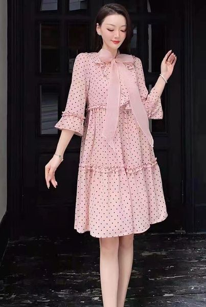 

capris bow tie elegant 2021 spring summer casual party ladies polka dot print ruffle deco 3/4 sleeve sweet pink apricot, Black;gray