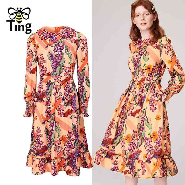 

spring peter pan collar floral print knee length dress vintage casual street chic vestidos plus size za 210513, Black;gray