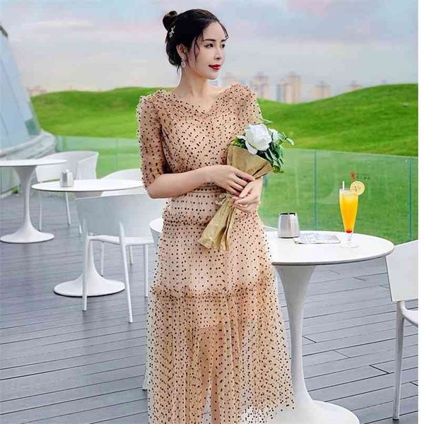 

super fairy holiday mesh dress women summer polka dot lace pleated v-neck two-piece shinny belt 210602, White