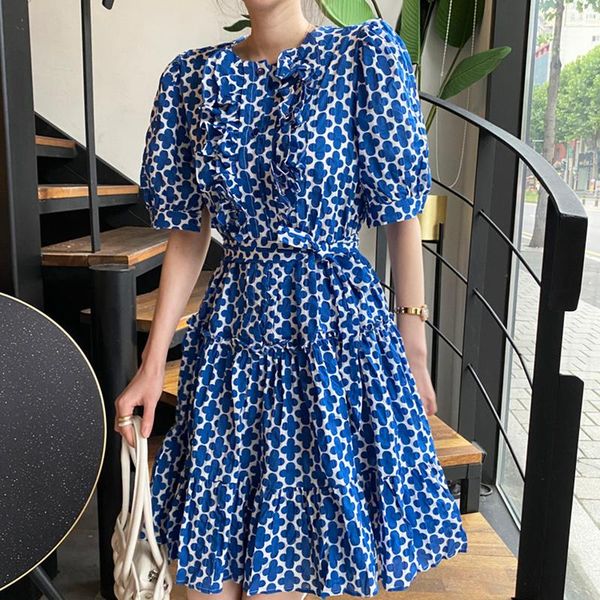 

casual dresses [ewq] autumn 2021 women's printed round neck fashion knee-length ruffles waist puff sleeve a-line dress ladies qb472, Black;gray