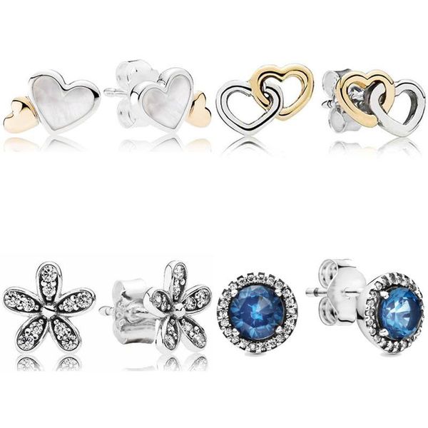 

stud authentic 925 sterling silver earring dazzling daisy luminous hearts with crystal for women gift original jewelry, Golden;silver