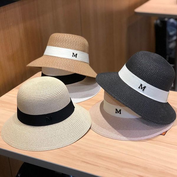 

wide brim hats original women sun hat female summer m letter straw anti-uv beach visor caps fashion ladies ribbon dome panama, Blue;gray