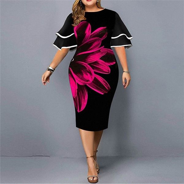 

women's plus size sheath dress floral round neck short sleeve spring summer work casual knee length dress causal daily dress 65rv#, Black