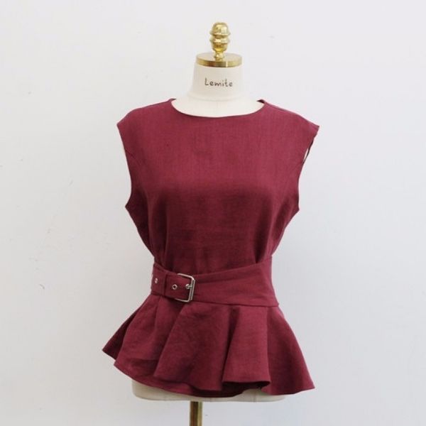 Vino rosso o collo senza maniche SARAFAN Tank Sash Ruffle Tops donna femminile solido B0129 210514