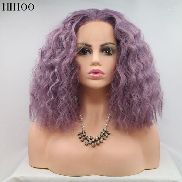 

short curly bob wig synthetic lace front wigs heat resistant glueless purple color for black women 14inch1