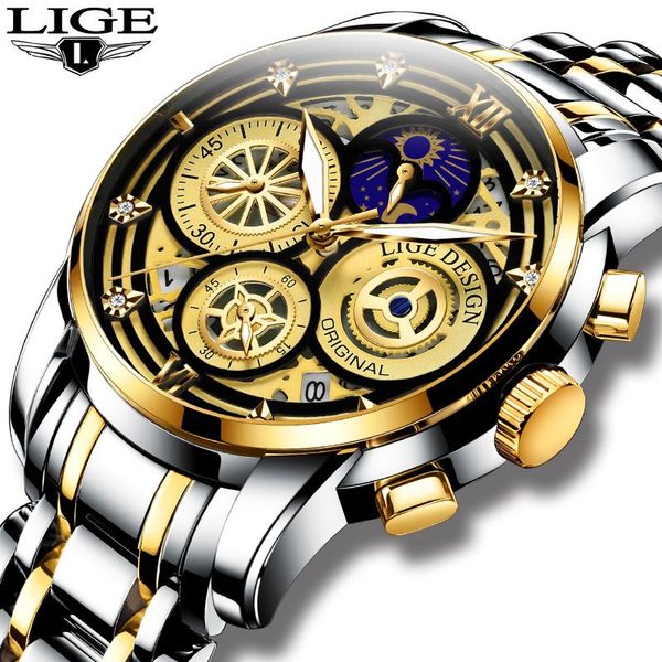 

wristwatches 2021 lige fashion men watches calendar stainless steel sport chronograph quartz watch relogio masculino+box, Slivery;brown