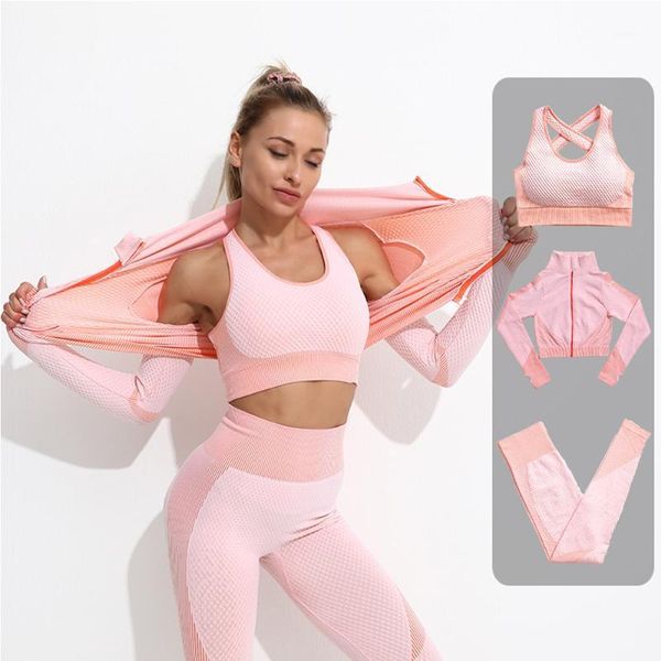 

yoga outfit 2\3pcs seamless set sportswear for women high waist legggings bra gym suits zippper long sleeve shirts workout
