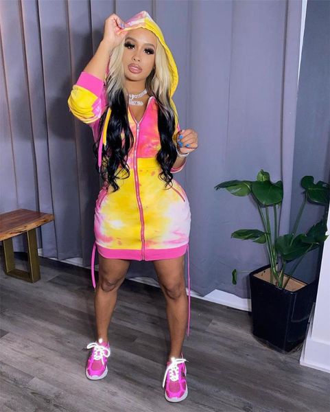 

woman dress tie dye zip pocket loose long sleeve mini casual sports style hooded female dresses, Black;gray