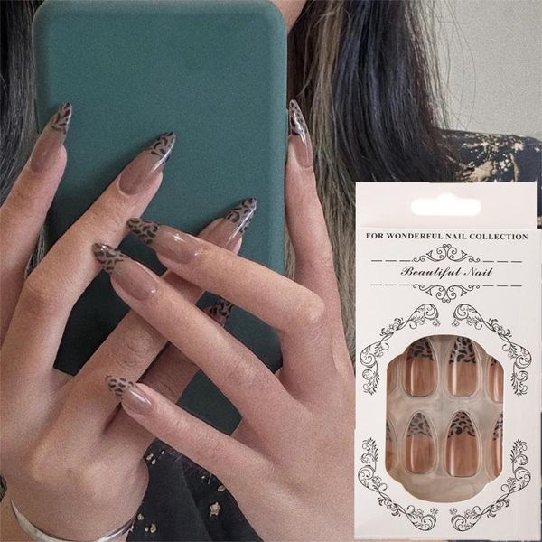 

false nails 24pcs fashion brown leopard nail with design stiletto press on diy manicure tool full cover wearable tips, Red;gold