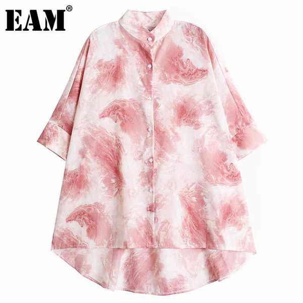 [EAM] Женщины красный большой размер печати блузка стенд воротник три четверть рукава летучей мыши свободная рубашка мода весна лето 1dd7245 21512