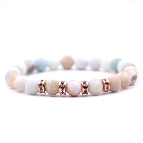 

kang hua glamour jewelry matte multicolor 8mm natural stone bracelet pave cz metal circle slice for women&men beaded, strands, Black