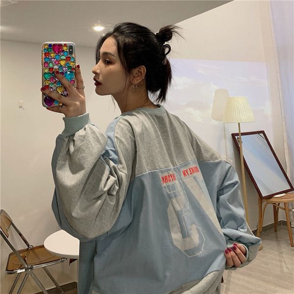 

2021 new thin pullover womens stitching korean version of loose loose round neck long-sleeved sweatshirts womens, Black