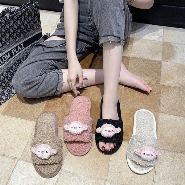

autumn winter slippers women warm shoes woman fashion sheep slip on flip flops fur female slides plus size, Black