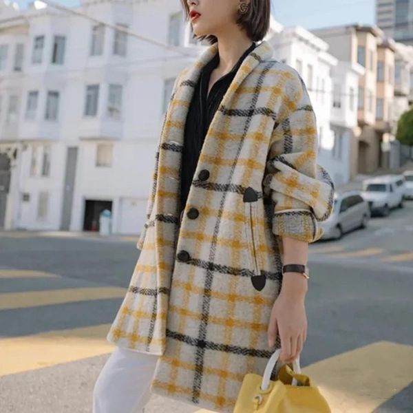 

women's wool & blends woolen plaid mid-length coat single-breasted lady autumn and winter jacket outwear fashion, Black