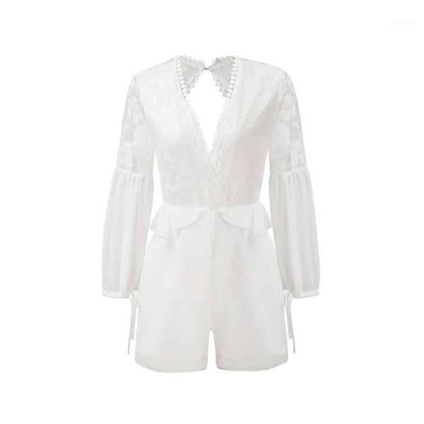 

summer one-piece trousers lantern sleeves v-neck halter openwork lace stitching chiffon jumpsuits1, Black;white