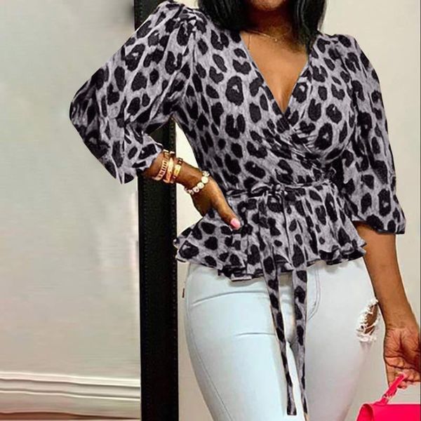

women's blouses & shirts elegant leopard shirt blouse print long sleeve v neck bandage loose casual ladies, White