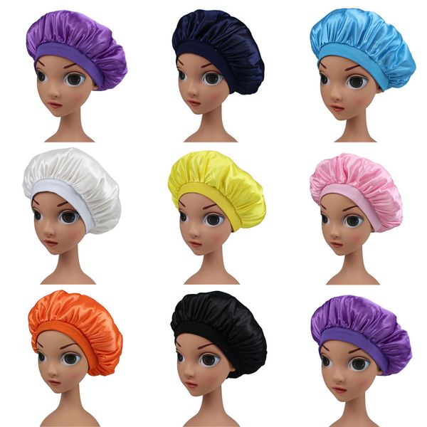 

kids children solid color satin elastic night hats hair care bath sleep caps headwear beanie fashion accessories, Yellow