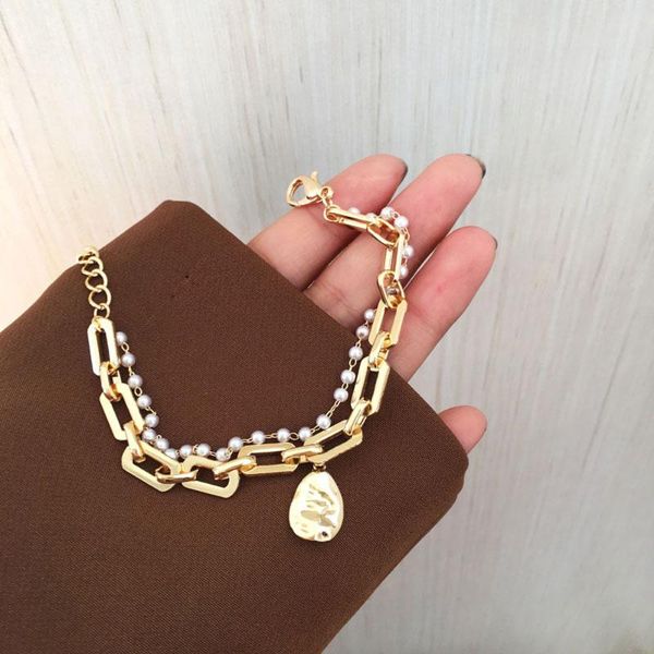 

link, chain 2021 hip-hop personality trend ins style hand catenary european and american fashion imitation pearl bracelets, Black